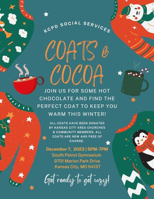 kcpolice's tweet photo. We are giving away free winter coats! All Sizes!

Join us Thursday Dec. 7 at South Patrol's Gym from 5-7 p.m. Anyone who needs a coat can come by. Our social services team has been hard at work collecting coats &amp; they’re not done yet. 

9701 Marion Park Drive, KCMO https://t.co/3IAKii5gFO
