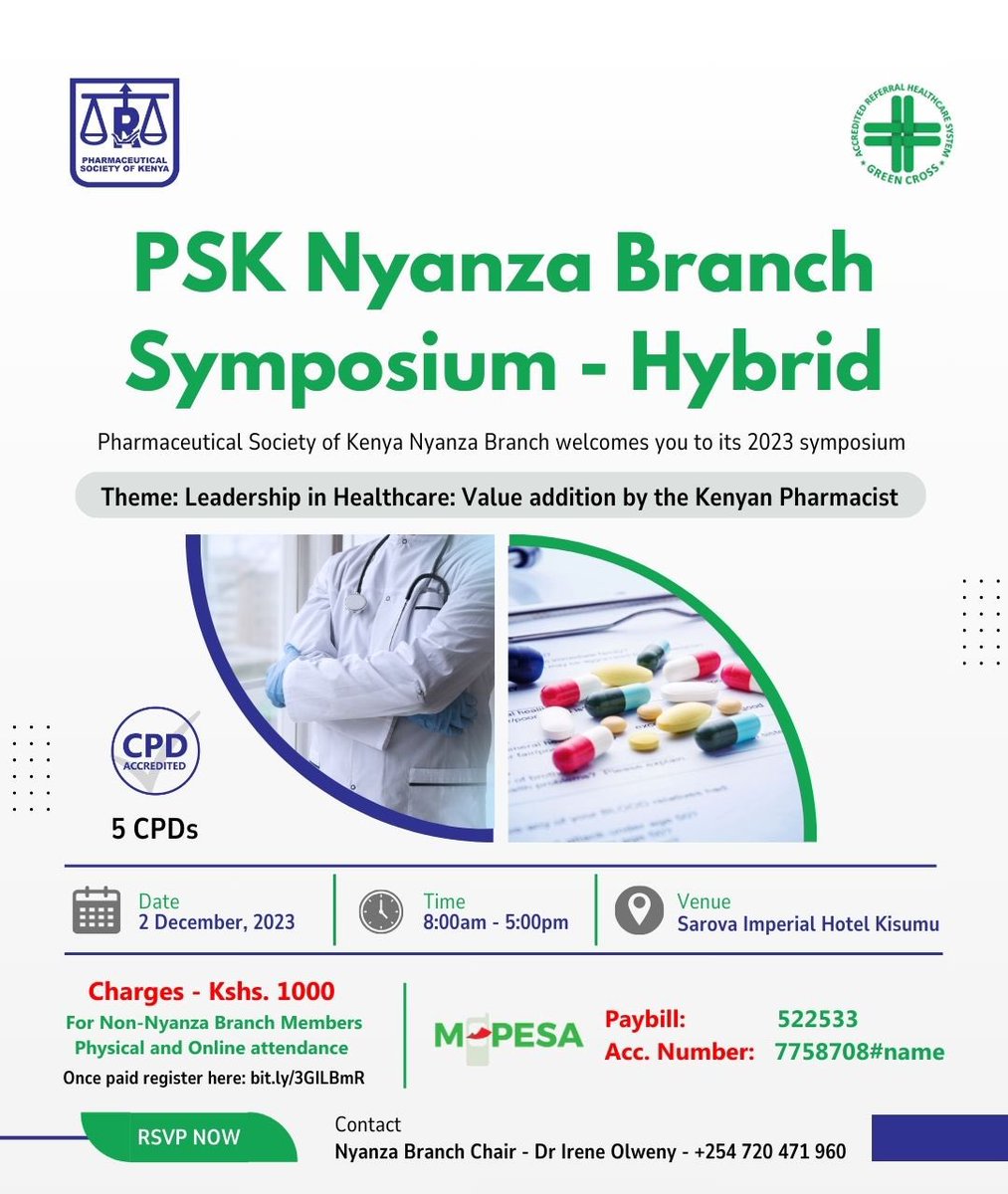 <a href="/PSofKenya/">The Pharmaceutical Society of Kenya (PSK)</a> and <a href="/KisumuCountyKE/">Kisumu County</a> are hosting the 1st PSK Nyanza Branch Symposium in <a href="/SpiritOfKisumu/">#SpiritOfKisumu</a> .
Pharmacists are highly trained &amp; skilled professionals who ensure high quality medicines are available and safely used
#PSKNyanzaBranch
#LeadershipInHealthcare
#PharmacistsAddValue