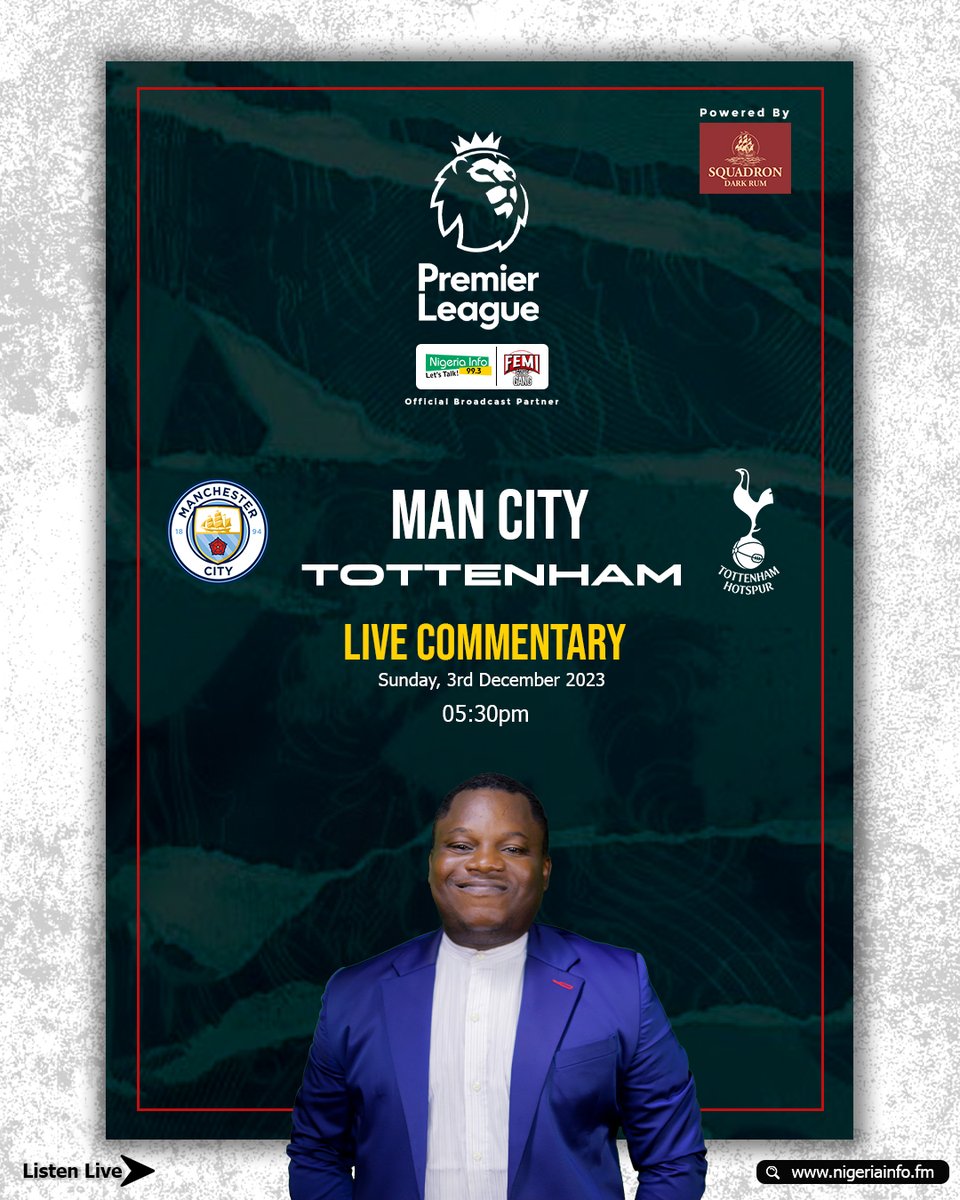 NigeriainfoFM's tweet photo. Manchester City and Tottenham Hotspur will be aiming to return to winning ways in the Premier League when they lock horns in an enticing contest at the Etihad Stadium.

What is your prediction? Listen here: https://t.co/htxNwMwvMU
🎙️@ovadizzle
#FATGlive #MCITOT #TalkSPORTLive https://t.co/6nUvobHwrc