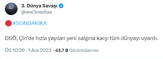 27 Kasım 2023 'Dünya Sağlık Örgütü yetkilisi, Çin'deki solunum yolu hastalıklarındaki artışın pandemi öncesi kadar yüksek olmadığını açıkladı' reuters.com/world/china/ch…