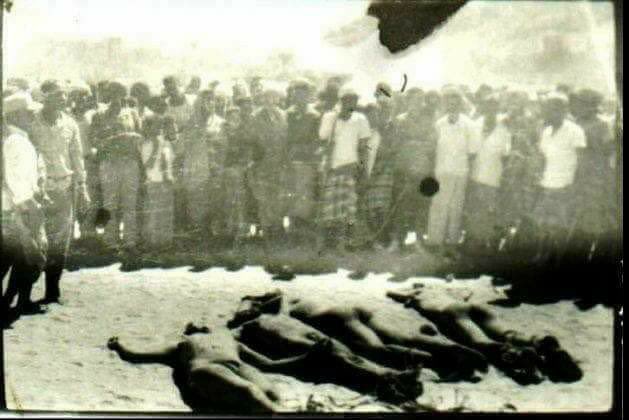 سحل ابناء شبام على يد بن دغر
في عام 72عندما قامت مايسمي بالانتفاضة الفلاحية ارتكب بن دغر وهو رئيس اتحاد الفلاحين اكبر جريمة شهدتها حضرموت في تاريخها جريمة بشعة جريمة ضد الأنسانية ولن تسقط بالتقادم كان ضحيتها سبعة من أهالي مديرية شبام كما هم في الصورة 
#مجلس_حضرموت_الوطني #حضرموت