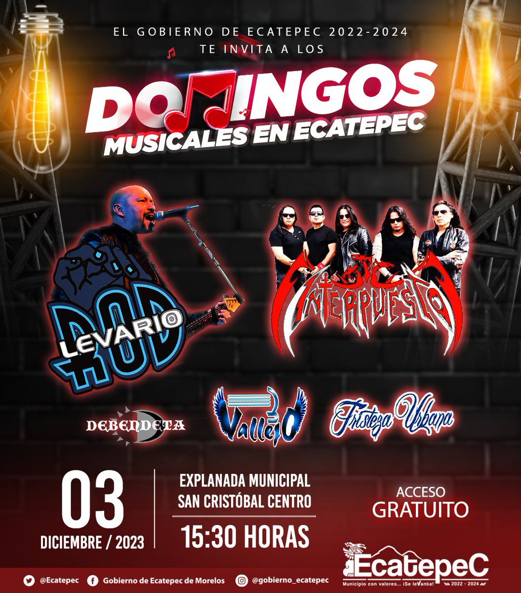 FerVilchisMx's tweet photo. #Música | Para todos los amantes del #RockNacional, esta edición de #DomingosMusicales contará con la presentación de #RodLevario, #Interpuesto y muchos artistas más.
La cita es en punto de la 15:30 horas, en la explanada municipal de San Cristóbal.
#MunicipioConValores https://t.co/w5OIdMTtHj