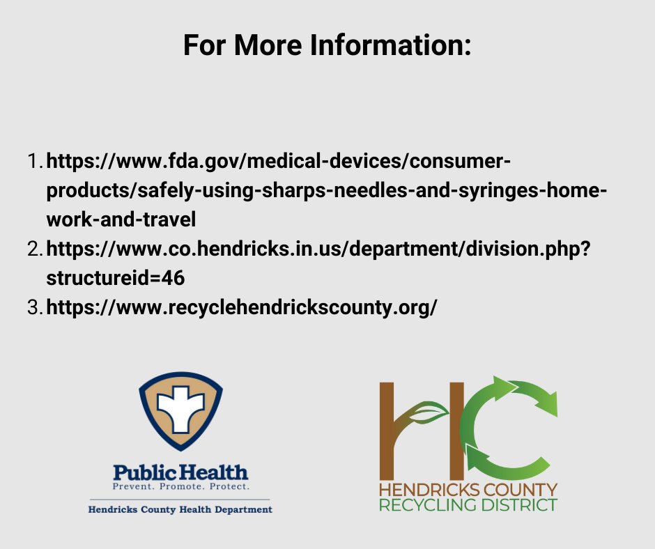 It's Sharps Injury Prevention Month. The Hendricks County Health Dept. has a safe sharps disposal program, providing a safe way to dispose of used syringes, lancets, &amp; other medical sharps. Pick up a  container at the Health Dept. M-F from 8am-4pm, fill it up &amp; drop it back off!