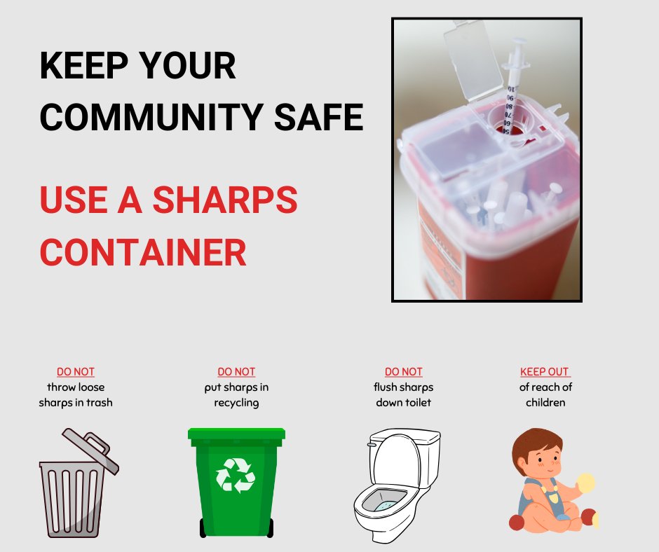 Hendricks_Co's tweet photo. It's Sharps Injury Prevention Month. The Hendricks County Health Dept. has a safe sharps disposal program, providing a safe way to dispose of used syringes, lancets, &amp; other medical sharps. Pick up a  container at the Health Dept. M-F from 8am-4pm, fill it up &amp; drop it back off! https://t.co/cFdW1ioDzt