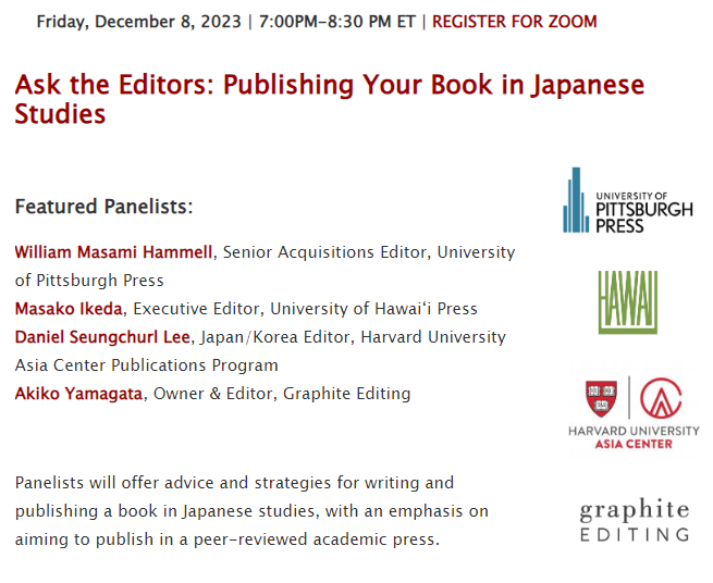 modernjapanhist's tweet photo. Next week!

MJHA is thrilled to present the next event in our Professional Development Series called "Ask the Editors" - a panel discussion with four editors involved in publishing Japanese Studies next Friday, December 8!

Register for Zoom here: https://t.co/R2b7eELAV4 https://t.co/XRFuZbPnO3