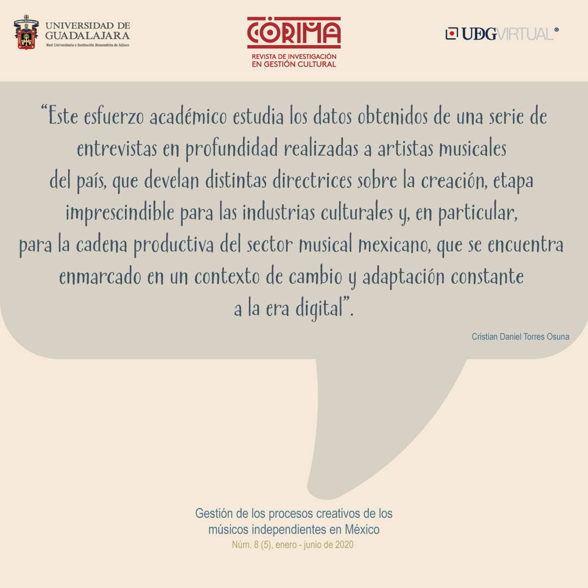 📚Te invitamos a consultar el artículo"𝗚𝗲𝘀𝘁𝗶𝗼́𝗻 𝗱𝗲 𝗹𝗼𝘀 𝗽𝗿𝗼𝗰𝗲𝘀𝗼𝘀 𝗰𝗿𝗲𝗮𝘁𝗶𝘃𝗼𝘀 𝗱𝗲 𝗹𝗼𝘀 𝗺𝘂́𝘀𝗶𝗰𝗼𝘀 𝗶𝗻𝗱𝗲𝗽𝗲𝗻𝗱𝗶𝗲𝗻𝘁𝗲𝘀 𝗲𝗻 𝗠𝗲́𝘅𝗶𝗰𝗼".

👉Disponible de forma gratuita en:
🌐corima.udgvirtual.udg.mx/.../article/vi…

 #Corima #UDGVirtual_SUV