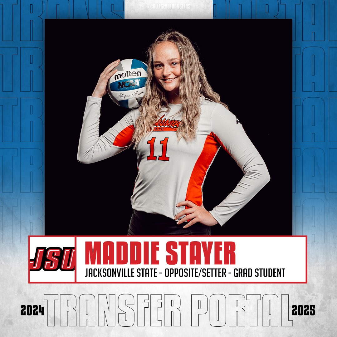 𝗜𝗻 𝗧𝗵𝗲 𝗣𝗼𝗿𝘁𝗮𝗹

✏️: Maddie Stayer
🏐: Opposite/Setter
🎓: Grad Student
📍: Jacksonville State

#CollegeVBTransfers | #NCAAWVB