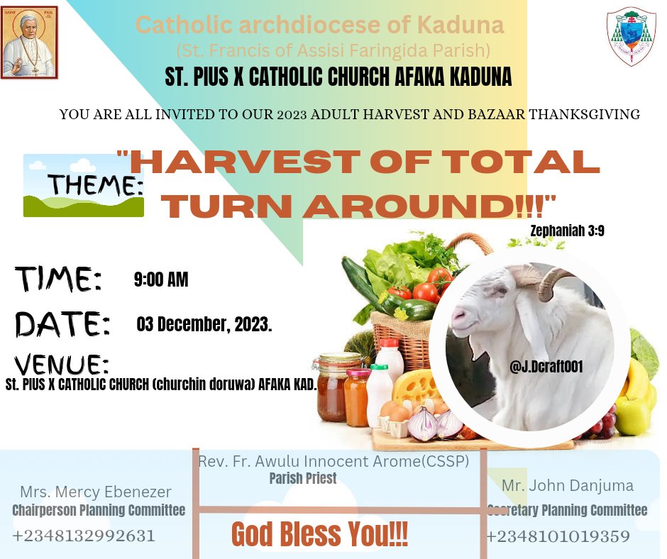 PLEASE BE OUR GUEST.
It's a few days to our annual Harvest and Thanksgiving Bazaar. And will be very glad to have you as our special guest of honour. #thanksgiving2023 #catholicfaith #bazaar #harvest2023 #blessingsandprosperity 

COME AND CELEBRATE WITH US!!!