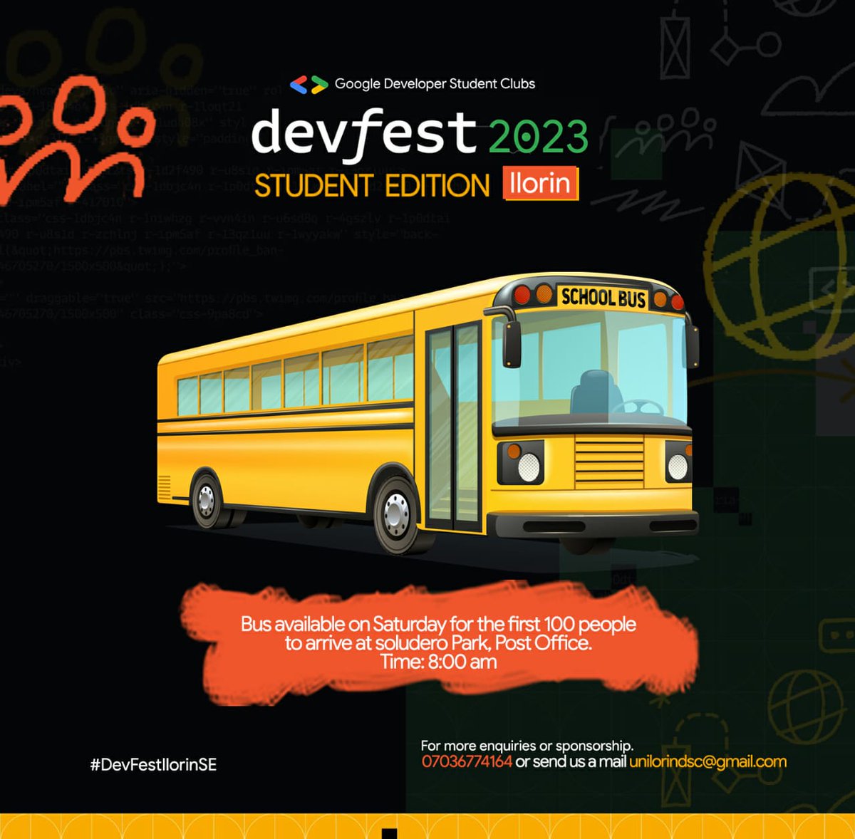 gdgoc_hui's tweet photo. Holl'up Guys! π Tomorrow is Day 02 of our #DevfestSE23.
For the first 100 attendees heading to Unilorin Main Auditorium for the #DevfestSE23 tomorrow, we've got a special treat for you!
Enjoy a free ride GOING into Unilorin tomorrow at the Soludero Park, Post Office. https://t.co/TGxK1Ch0S0