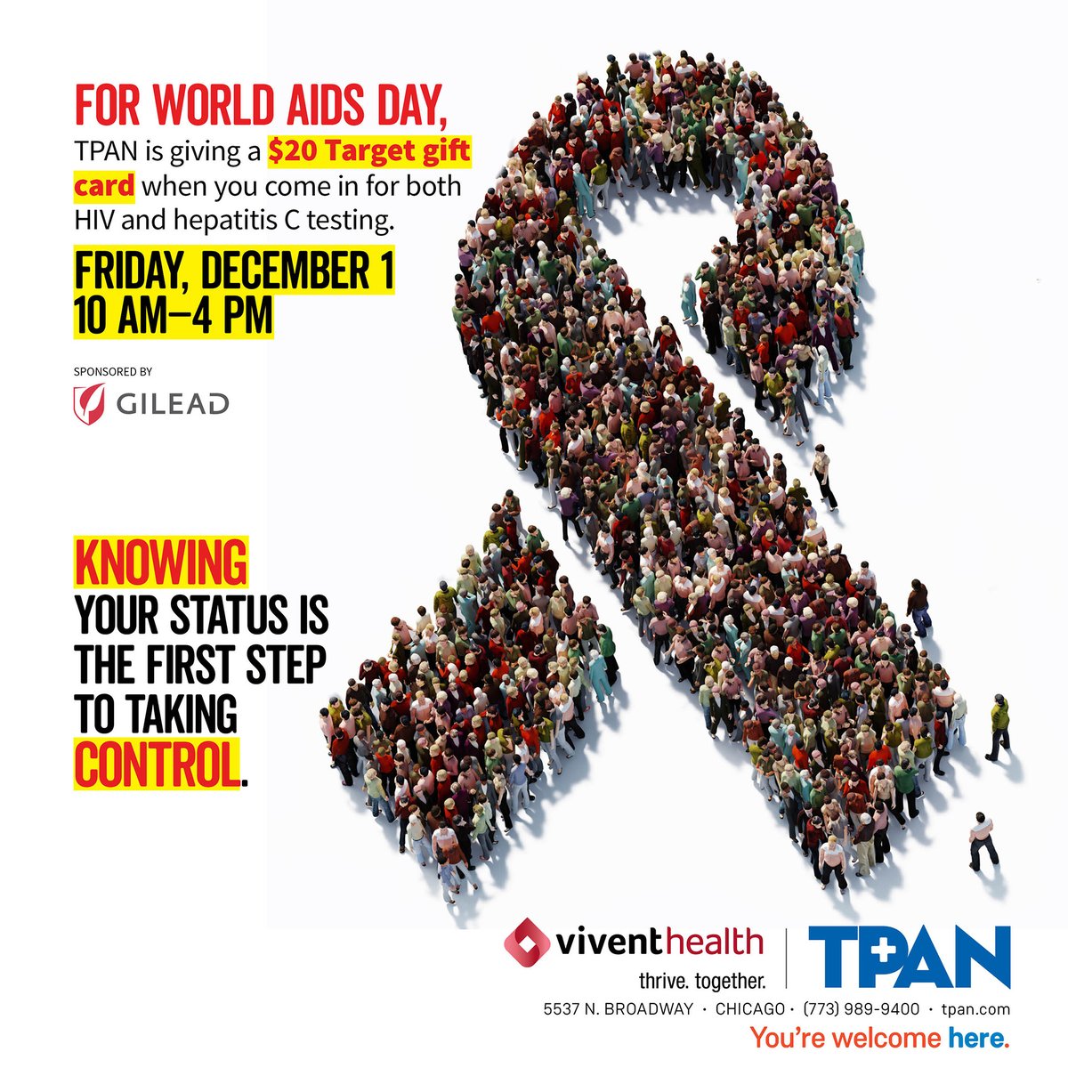 tpanvhprevent's tweet photo. Come join us today for World AIDS Day on Friday, December 1st - 10AM to 4PM. We are giving a $20 Target Gift Card when you get an HIV and HEP-C Testing. #KnowYourStatus #WorldAIDSDay #TPAN #ViventHealth #Gilead https://t.co/saHbEIKcK7