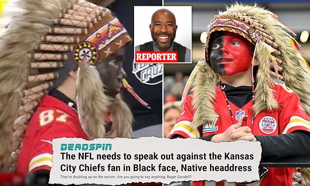 TheNorskaPaul's tweet image. Young #KansasCityChiefs fan accused of racist blackface.🙄

Sports outlet #Deadspin crap reporter Carron Phillips received pushback for targeting a mini-dude &amp;amp; are the team colours anyway. 
The native American headdress has been banned by the club since 2020 for some reason but😏