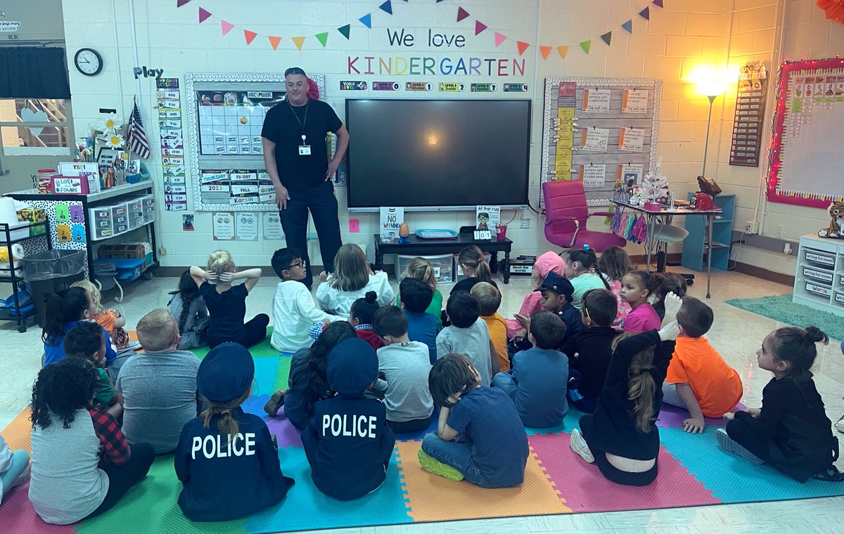 TVKindergarten's tweet photo. A big thank you to Mr. Randall and Officer Milton for teaching us more about community helpers! #TVTigers2023 @drlanaluttrell https://t.co/yErtPEJsTZ