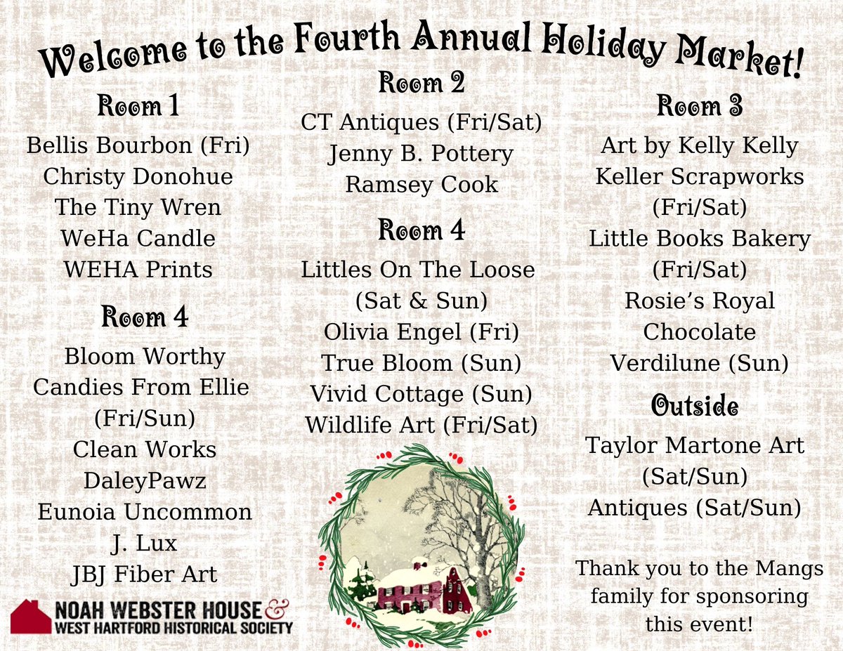 NoahWebHouse's tweet photo. The Noah Webster House is hosting our annual Holiday Market Dec 1 from 5:00 pm - 8:00 pm and Dec 2 &amp; 3 from 10:00 am - 2:00 pm.

As a result, the historic house &amp; museum galleries are not accessible on Saturday, Dec 2.

Please join us for your holiday shopping! https://t.co/Evqnw164mB