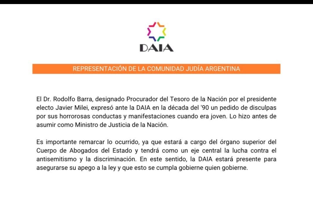 periodistan_'s tweet photo. Esto es increíble.
Si pedís que por favor no maten más niños en Gaza, te insultan y dicen que sos nazi.
Pero después ponen a literalmente un nazi en el gobierno y la DAIA dice: "bueno, no pasa nada, ya pidió disculpitas".

Este comunicado quedará para siempre en la historia. https://t.co/ftotAas8pQ
