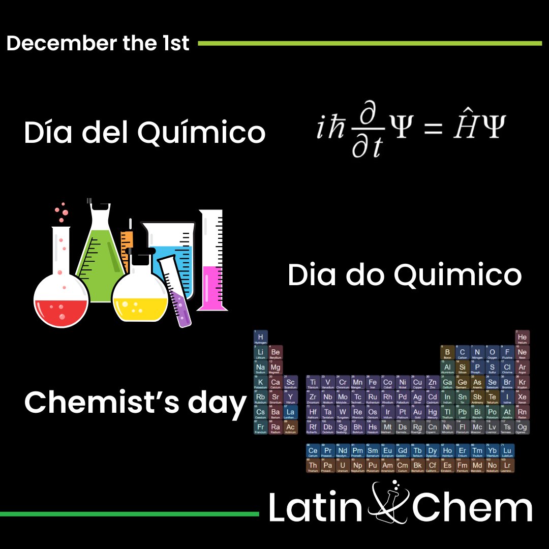 Desde 1948, se estableció que el 1 de Diciembre es el día del químico en Latinoamérica. Desde LatinXChem reconocemos a nuestra comunidad alrededor del mundo.

¡Felicidades!
Parabéns!
Congratulations! 

🧪⚗️👩‍🔬🧑‍🔬 #diadelquimico #LatinXChem