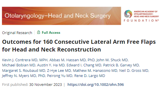 Excited to share our latest study @OTOjournals and @AAOHNS with the largest experience using lateral arm autologous tissue transfers for head and neck reconstruction. The LA flap was safe, versatile, and reliable for head and neck reconstruction with low donor-site morbidity.