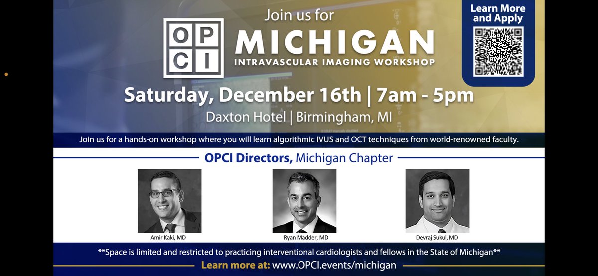 All interventional Cardiologist in Michigan. This is a great opportunity and hands on workshops for all things imaging. You will leave with some pearls that will help your imaging skills. Ziad Ali, Allen Jeremias, and Evan Schlofmitz as well local faculty. A few spots left!