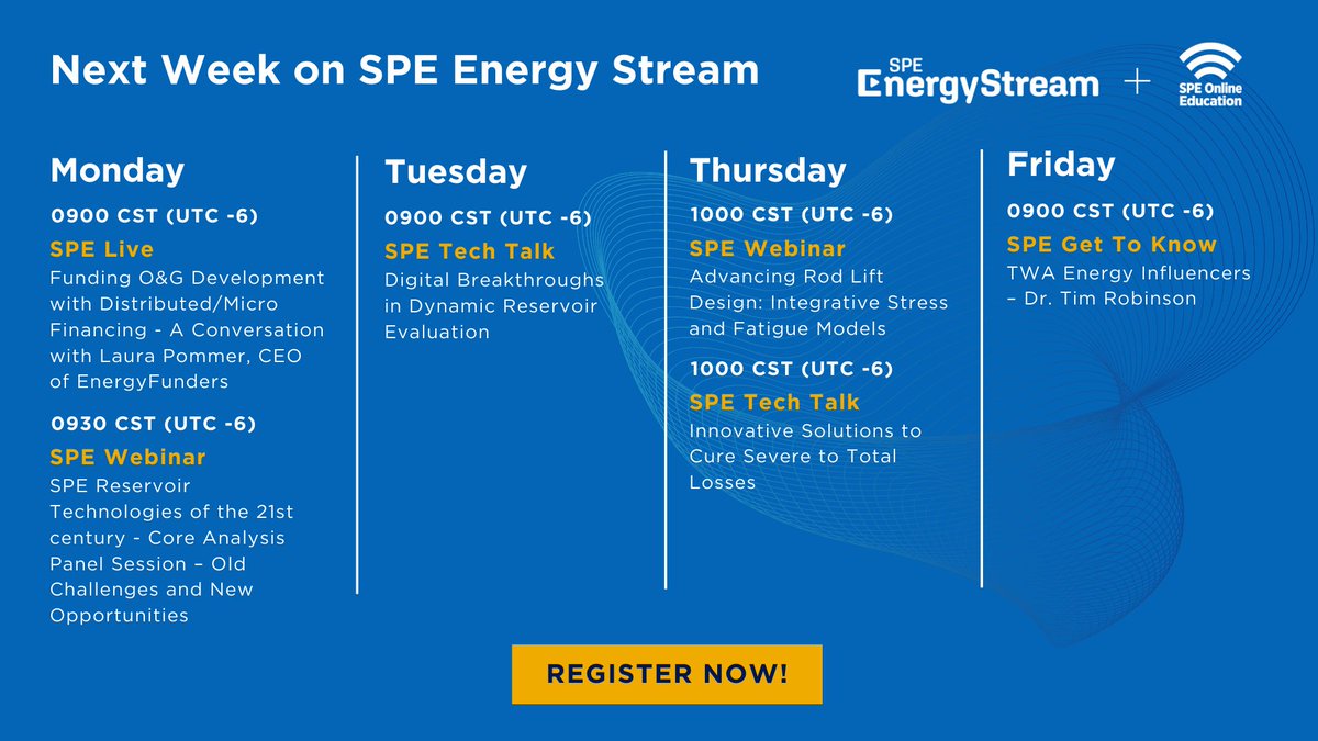 Join us next week for a series of informative and exciting sessions on SPE Energy Stream. Register now to secure your spot!
 
go.spe.org/tws4232

#SPEweeklymenu #SPEtechtalk #SPEenergystream #SPElive