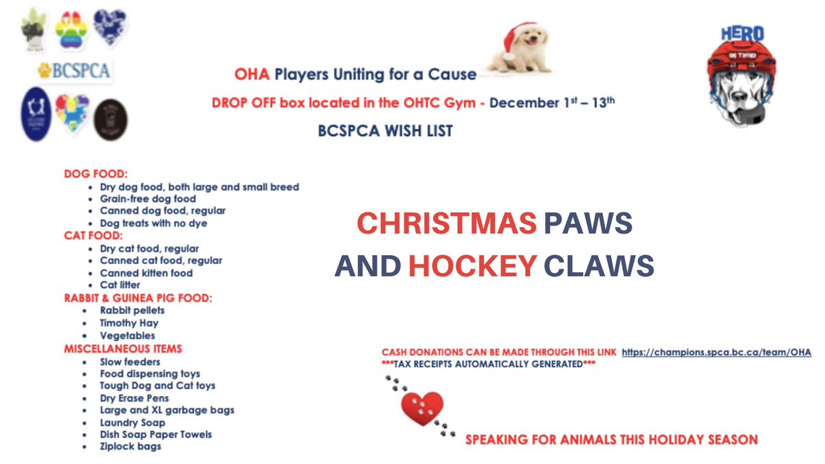 OkanaganHockey's tweet photo. OHA U17 Prep, Kyson Lindsay is spearheading a fundraiser for the BCSPCA here in Penticton! Kyson is looking to collect donated goods or cash donations in support of the Penticton BCSPCA 😊 🐾 

Drop off location: OHTC Gym (Dec 1st-13th)

Cash Donations: https://t.co/pClAbSUeOp https://t.co/Pbn4djVH9K