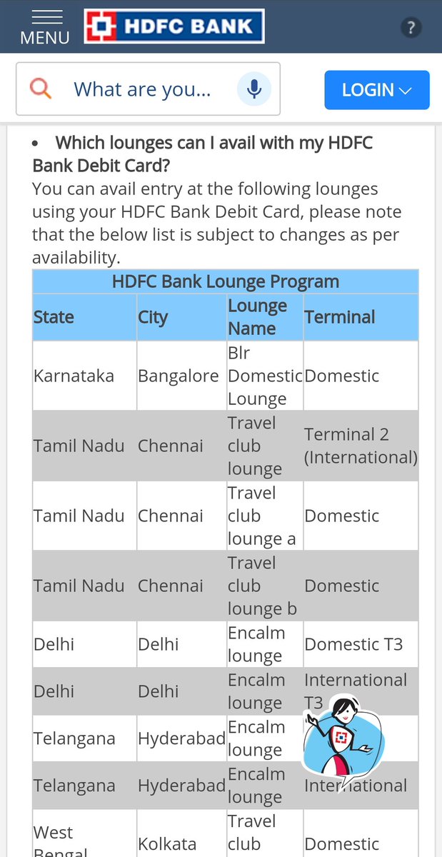 Disappointed with @HDFC_Bank! @HDFCBank_Cares Was informed my HDFC Debit card had lounge access in Bangalore, but at Terminal 2, denied entry claiming no lounge access. Misleading information or system glitch? Need clarity! #HDFC #LoungeAccess #BangaloreAirport