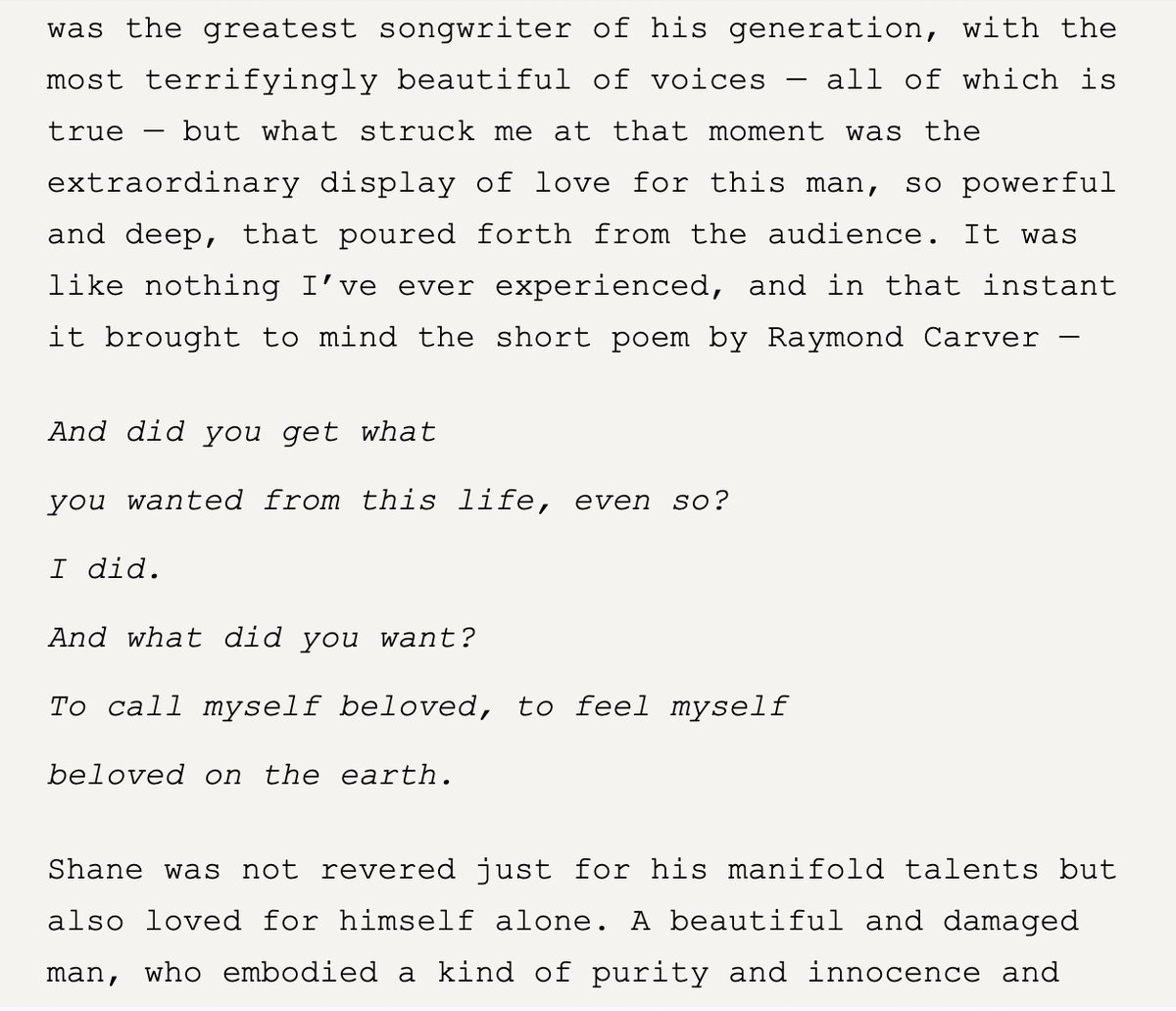 rayfp's tweet image. Nick Cave's new tribute to Shane MacGowan, which doubles as a tribute to Sinéad O'Connor (from his newsletter, doesn't seem to be linkable yet)

"A beautiful and damaged man, who embodied a kind of purity and innocence and generosity and spiritual intelligence unlike any other."