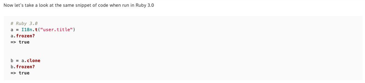 fastrubyio's tweet photo. 💡 Cloning objects in Ruby 3.0 has its quirks, especially with the #i18n gem. 

@jainrishi15 did some digging and here's what he found: 
https://t.co/jOT2Uau0b7
 
#Ruby3 #Ruby27 #ProTip https://t.co/GKQfPGqu5w