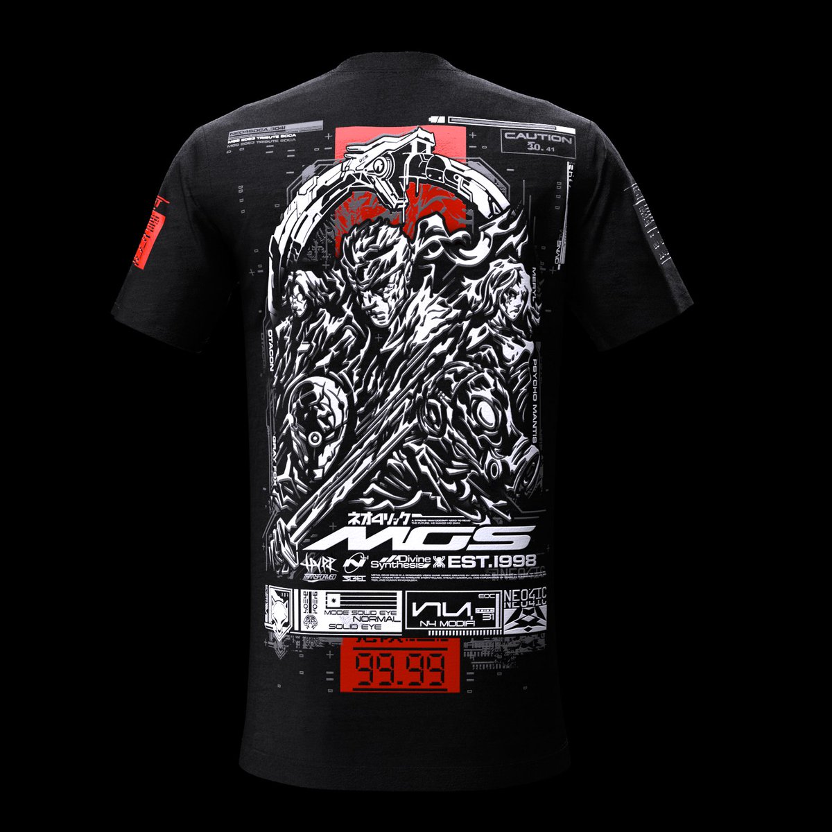neo4ic's tweet photo. "A strong man doesn't need to read the future, he makes his own." 
Our Metal Gear Solid tribute shirt is up - Each limited edition MGS shirt comes with the mini-cd case and hanging black chain.  #neo4ic https://t.co/g4MIeqiOVg