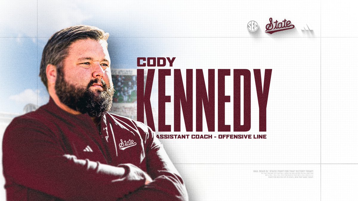 HailStateFB's tweet photo. Cody Kennedy joins @Coach_Leb's staff as the offensive line coach!

Kennedy's lines helped pave the way for some of the most high-powered and record-setting offenses across the country

📰 » https://t.co/Crm6c1QIme

@CoachCKennedy | #HailState🐶 https://t.co/bHsRXbwobK