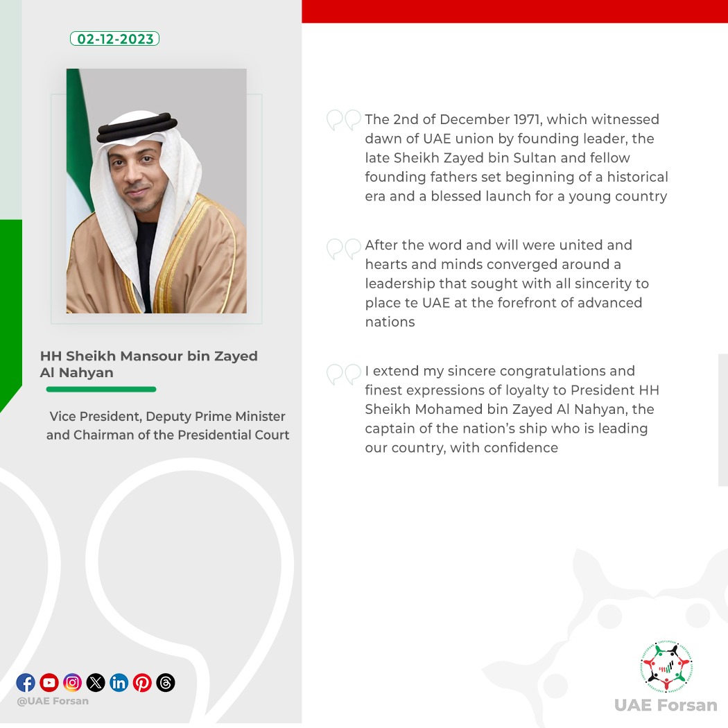 UAE_Forsan's tweet photo. Mansour bin Zayed Al Nahyan: The 2nd of December 1971, which witnessed dawn of #UAEUnion by founding leader, the late Sheikh Zayed bin Sultan and fellow founding fathers set beginning of a historical era and a blessed launch for a young country
#UAE52 #UnionDay
@HHMansoor https://t.co/S8MylCN1VZ