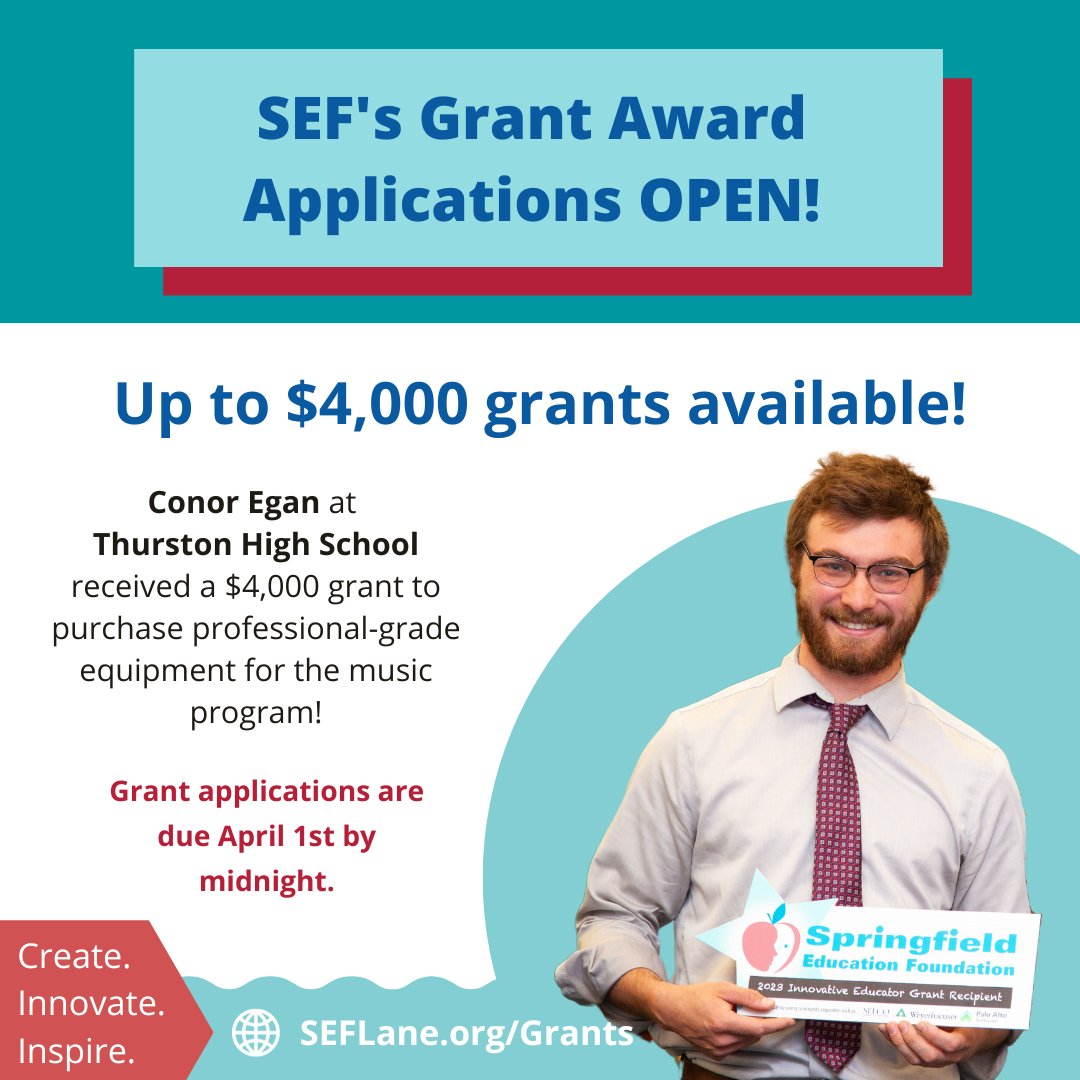 SEFLaneOR's tweet image. SEF #Grant applications are OPEN for #SpringfieldOR #PublicSchools #Educators! These grant #awards can be used to fund #creative #classroom projects to keep #students engaged in #learning. Please visit SEFLane.org/Grants to learn more. Apps ar due by April 1st at midnight.