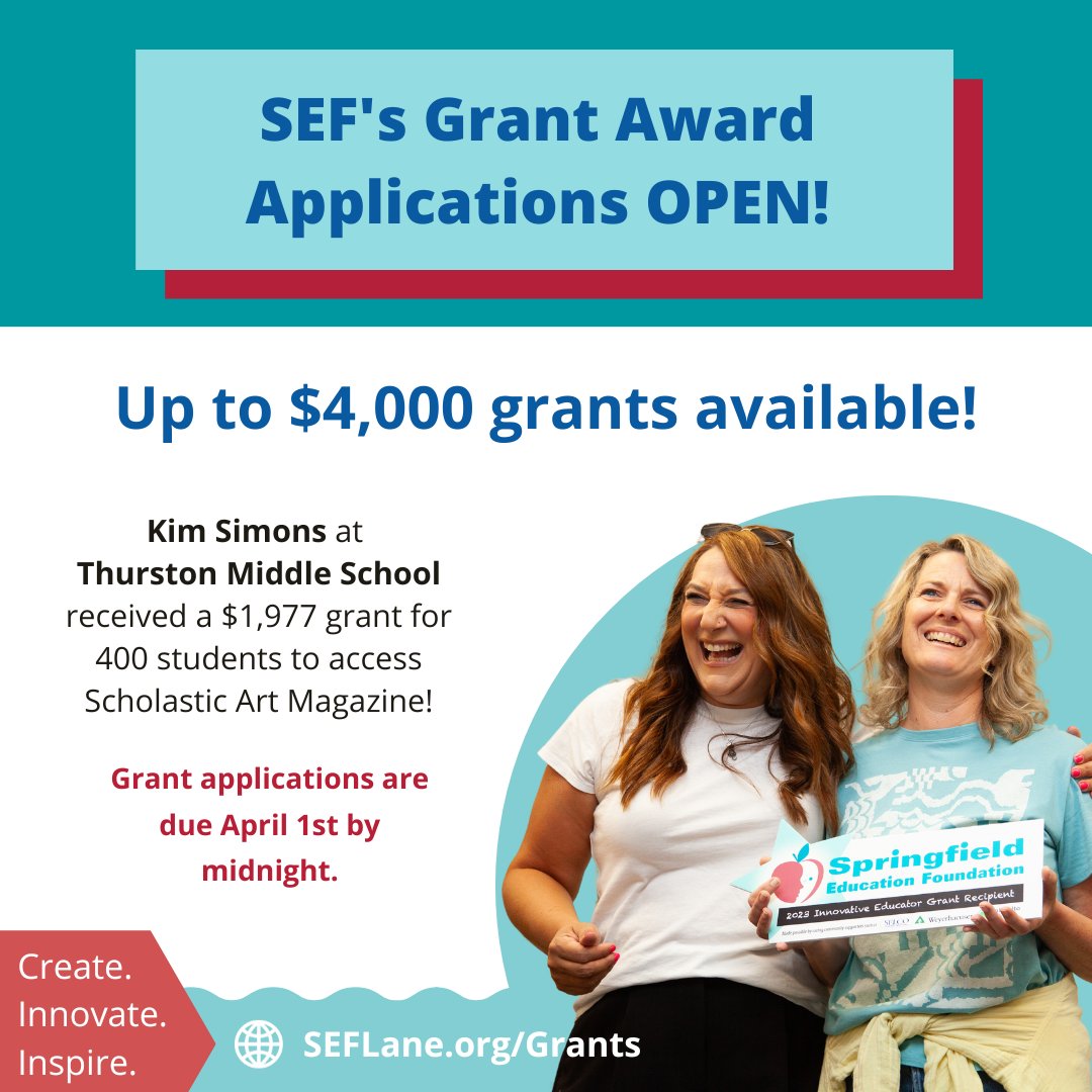 SEFLaneOR's tweet image. SEF #Grant applications are OPEN for #SpringfieldOR #PublicSchools #Educators! These grant #awards can be used to fund #creative #classroom projects to keep #students engaged in #learning. Please visit SEFLane.org/Grants to learn more. Apps ar due by April 1st at midnight.
