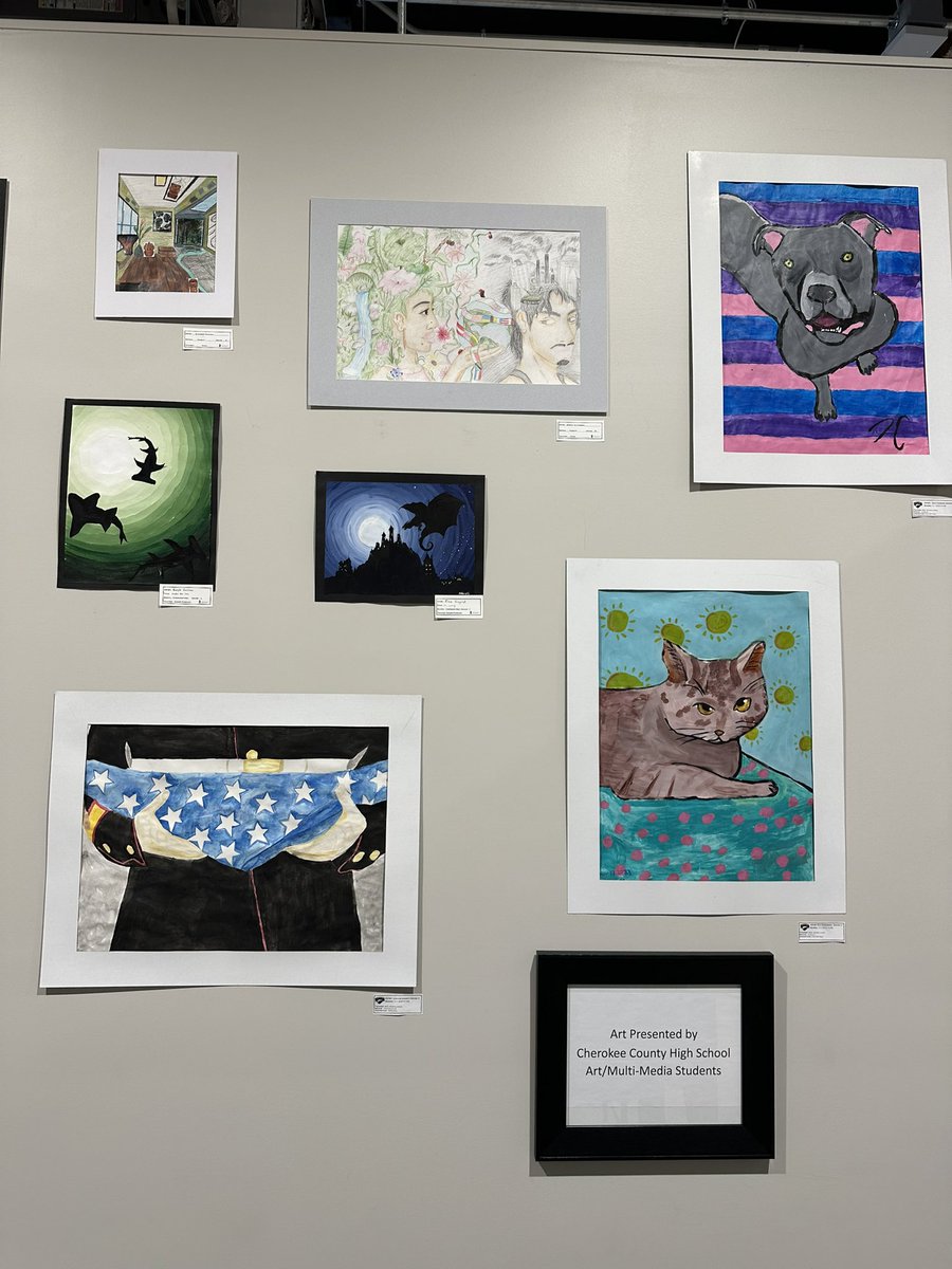 The 3rd installation of student artwork is up in the Goshen Valley office at The Mill featuring students from Creekview HS, Cherokee HS, Teasley MS & E.T. Booth MS. It is incredible the talent we have in our CCSD Art programs! 👏🏻 #ccsdfinearts @CherokeeSchools @GoshenValley