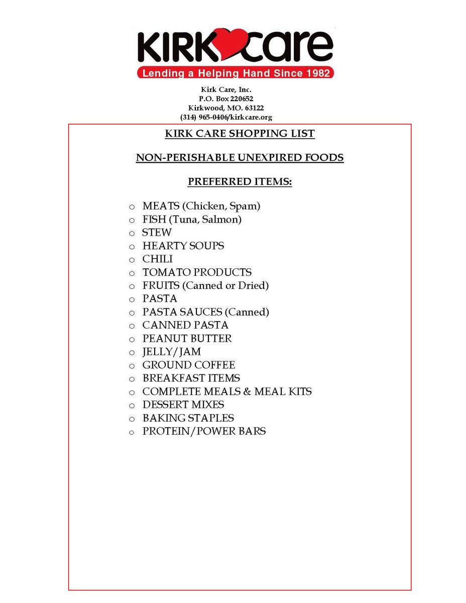 Our office food drive benefitting Kirk Care is going until 12/13/23.  Drop donations off at our Kirkwood, MO office: 135 W. Adams Ave. 63122