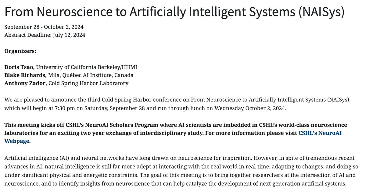 NeuroAI Meeting at CSHL! Sept 28-Oct 4, 2024. Save the date! And retweet @doristsao @tyrell_turing @evadyer @s_y_chung @TrackingActions @realAKoulakov @alonamarie @computingnature @AToliasLab @dyamins meetings.cshl.edu/meetings.aspx?…