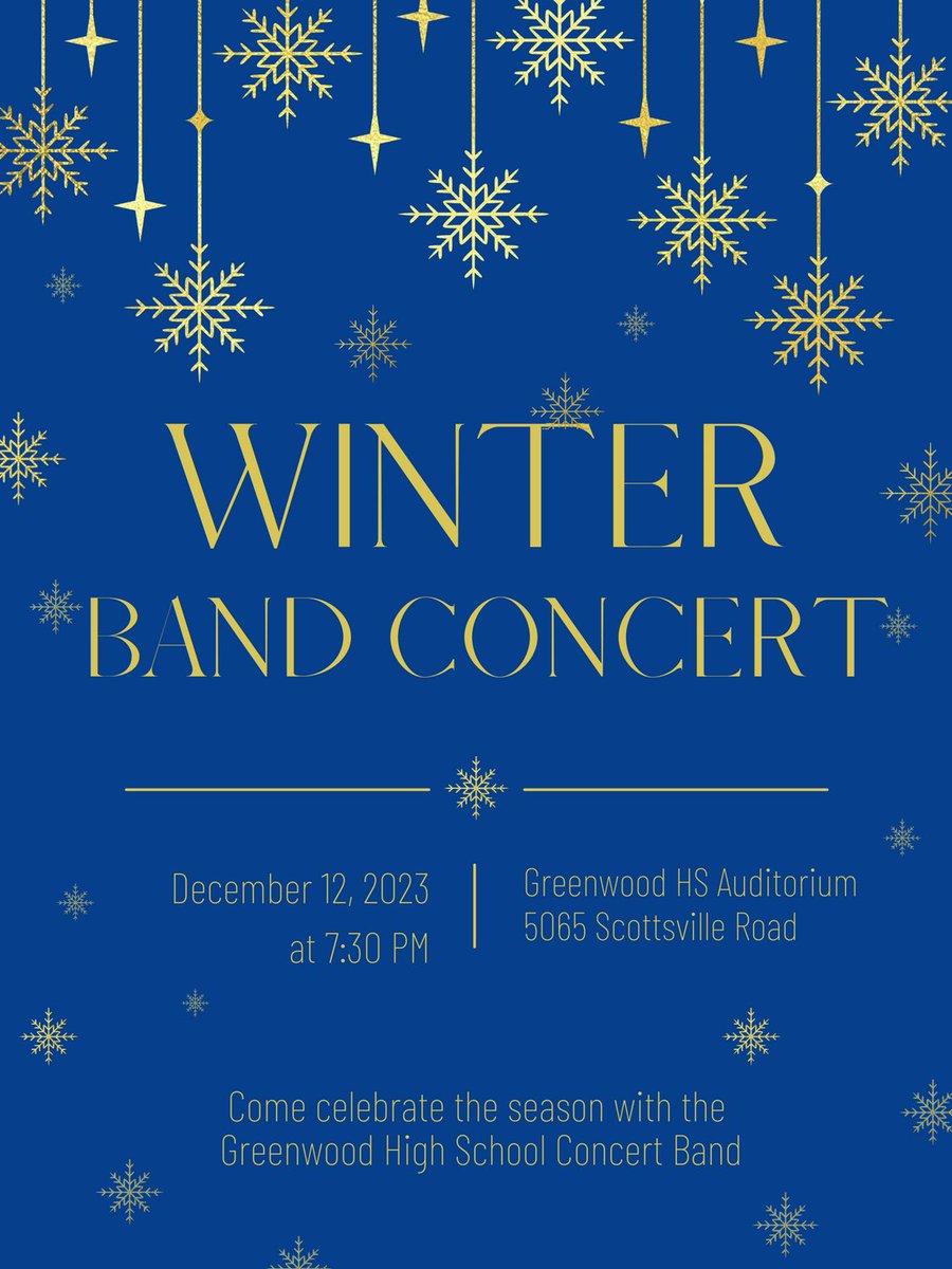 GWOODBAND's tweet photo. Mark your calendars!!! Join us for the Greenwood High School band winter band concert.  December 12 @7:30 in the Greenwood Auditorium. https://t.co/v7bs22EnK5