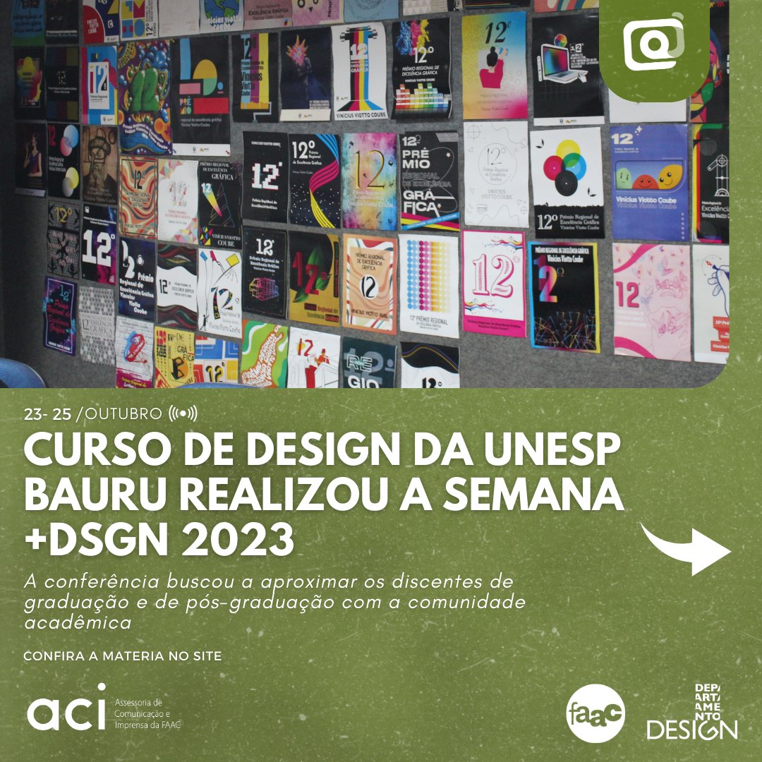 acifaac's tweet photo. Boa tarde, pessoal!

Confira a cobertura completa da Semana +DSGN 2023, organizada pelo Curso de Design e pelo Departamento de Design da Faculdade de Arquitetura, Artes, Comunicação e Design da Unesp Bauru. ✒️🧩 https://t.co/cpNeOTorZi