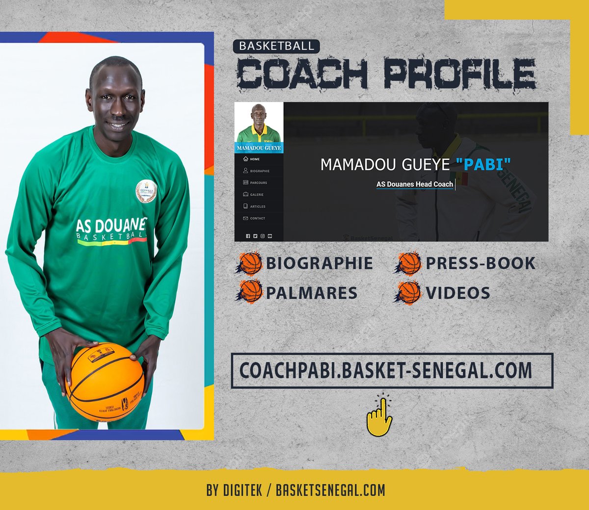 Basket_Senegal's tweet photo. Be Pro⛹️: Faites comme Coach PABI GUEYE, et gérez votre COACH PROFILE en un clic🏀
▶️ https://t.co/10LduGk1iM
En collaboration avec DigiTek SN
📞 (+221) 77 575 01 68
(+221) 78 608 46 74
#basketsenegal #senegal #coachprofile #digitek @asdouanesbasket @theBAL @FIBA https://t.co/1InnnmEi7z