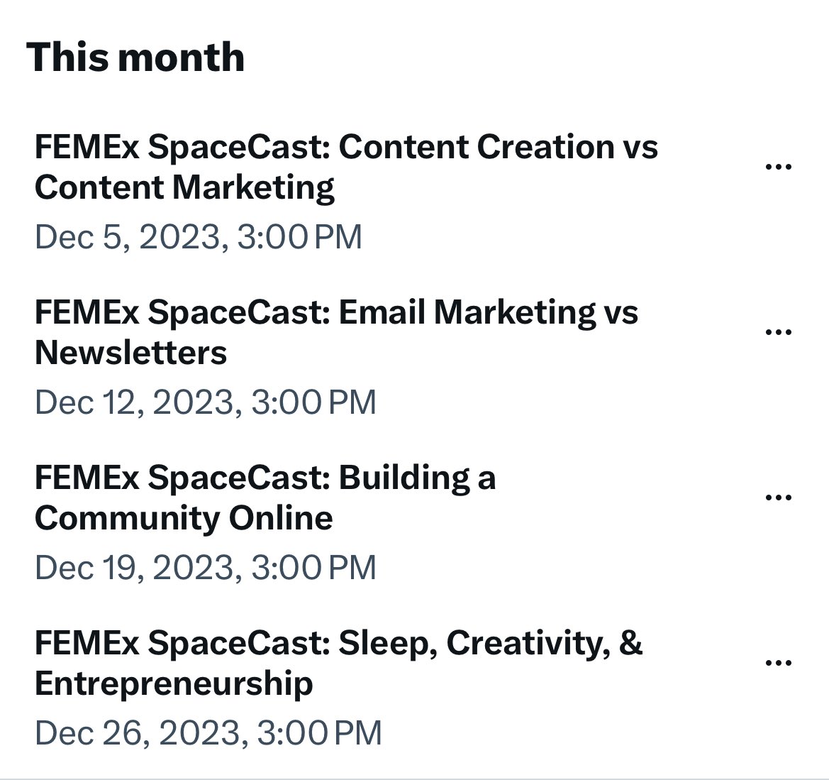 jesswithaquest's tweet photo. The lineup for Decembers #FEMEx SpaceCasts.
Which one are you most excited for?
1,2,3, or 4?
I’d also love to partner up with some creators and female entrepreneurs for these spaces. https://t.co/JonoilXMUQ
