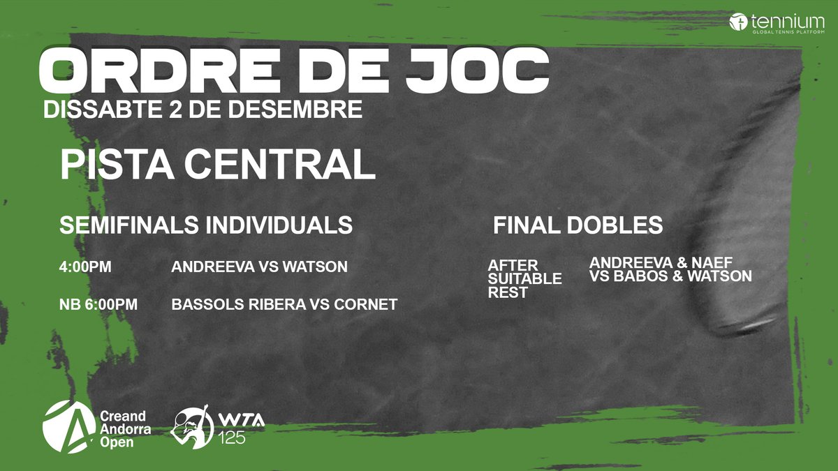 AndorraOpenWTA's tweet photo. 🚨ORDRE DE JOC | DISSABTE 2 DE DESEMBRE   

#andorra #andorraopen #wta #tennis /
@WTA @tennium  @CreandSupport https://t.co/9ThamecubS