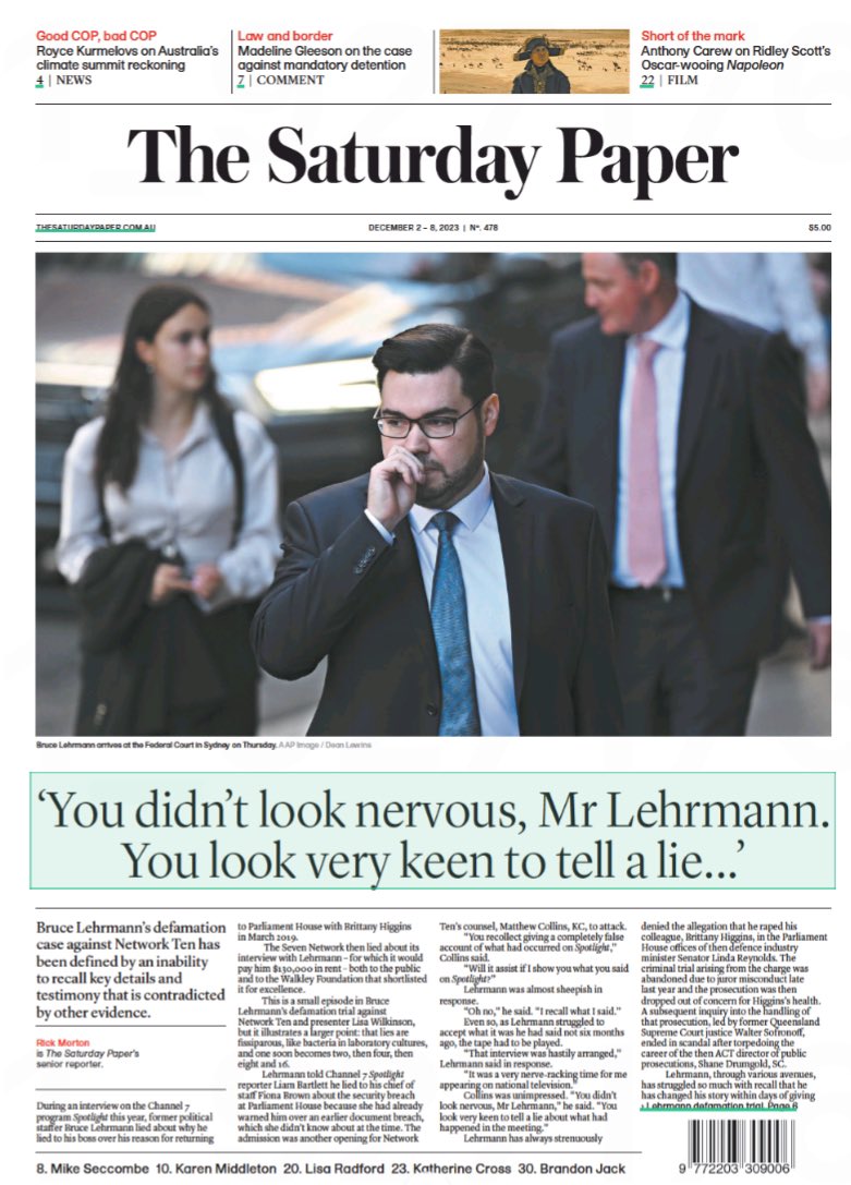 newcastlejourno's tweet photo. Presenting #TomorrowsPapersToday from:
#TheSaturdayPaper Australia
‘You didn't look nervous, Mr Lehrmann.
You look very keen to tell a lie..’
For more newspapers visit: https://t.co/zvOl5CpDm7
#buyanewspaper https://t.co/kL0ZmwXtjF