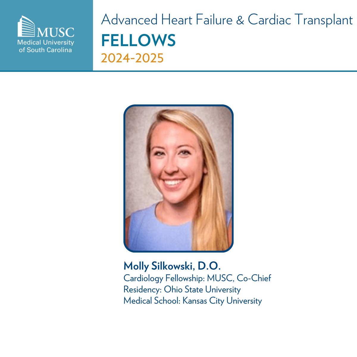 MUSCCardFellows's tweet photo. Current Co-Chief @MollySilkowski will be our #AHFCT Fellow for 2024-2025! We are elated that she is continuing training at @MedUnivSC! ✨⭐️😀👍✅🫀  #WomenInMedicine #WomenInCardiology https://t.co/0NEcua1Ycd
