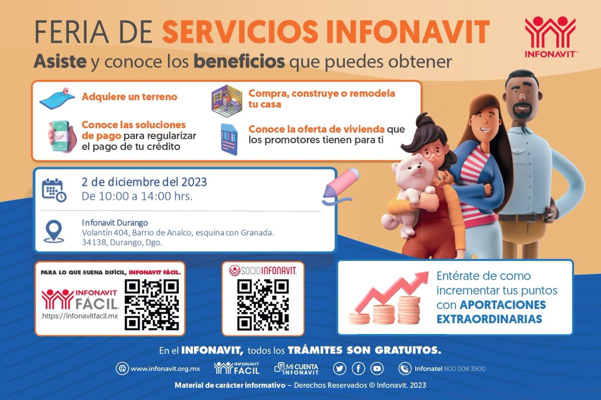 FernandoHeOz's tweet photo. Aprovecha este sábado para conocer aún más sobre todos los servicios que tenemos en el @Infonavit #Durango, estaremos brindando atención desde las 10 de la mañana. 🏘️ ¡Te esperamos en nuestra Feria de Servicios!
#InfonavitDurango #CréditosInfonavit #InfonavitDeLaTransformación https://t.co/0sy911AgFw