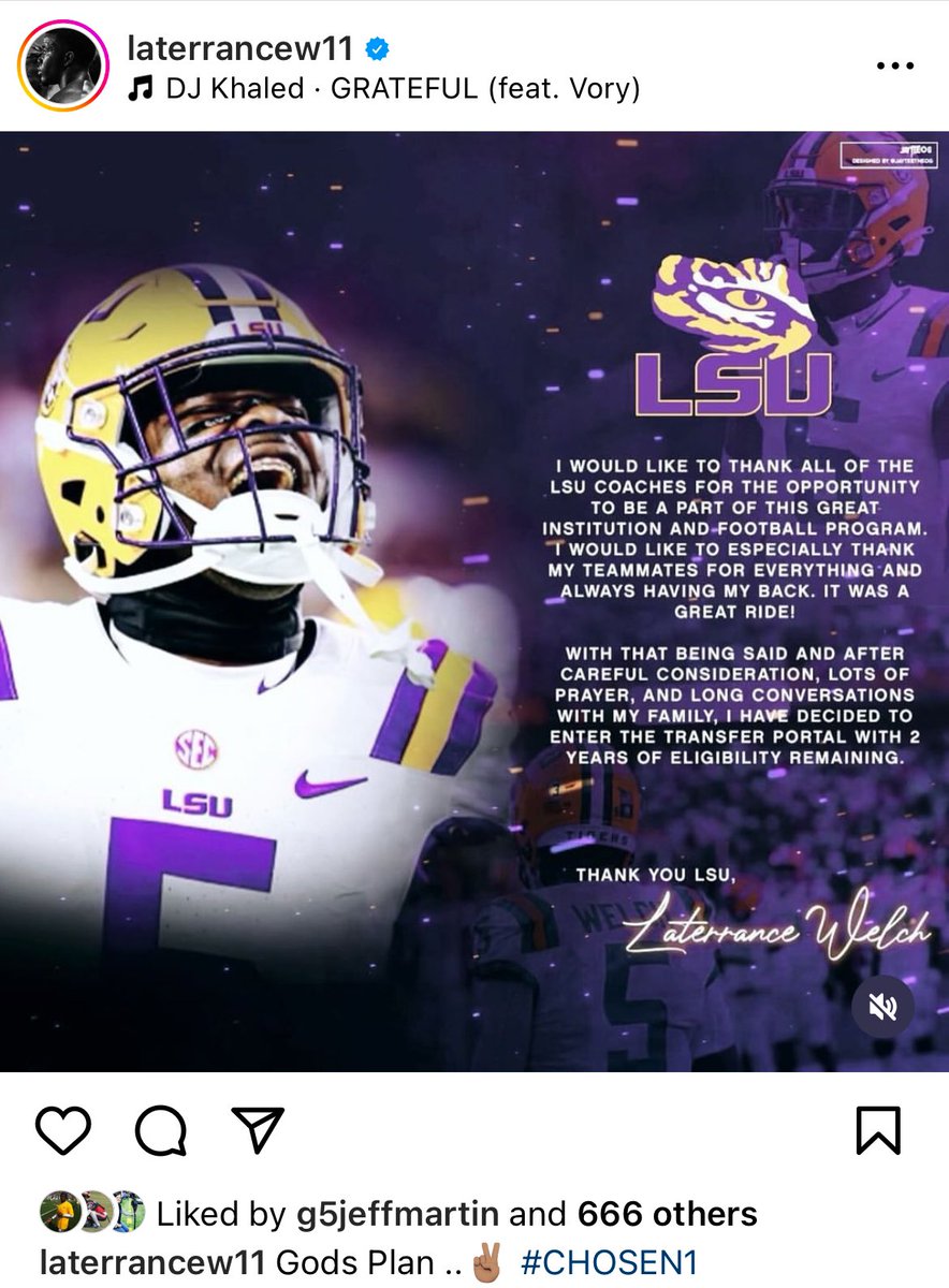 LSU corner Laterrance Welch, the former Acadiana star, announcing via Instagram his plans to enter the transfer portal.