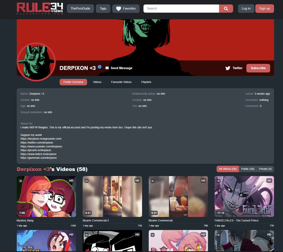 derpixon's tweet photo. Alright, I made an account here on Rule34video. This will serve as an alternative site where you can watch my works. I already uploaded my projects from 2014-2023 here in order. The link is in my bio! 😤 https://t.co/OrriERqiMr