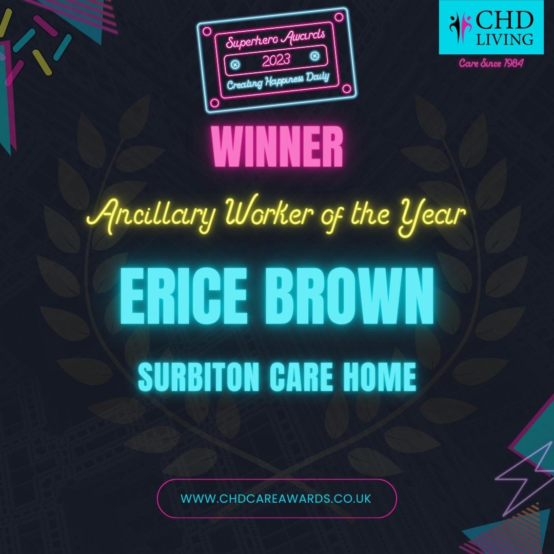 Let's introduce you to our 'Ancillary Worker of the Year'... Erice Brown from Surbiton Care Home! 🙌

A truly amazing kitchen assistant, never complaining whilst maintaining the highest standards possible for the service.

Top work, Erice! 🏆

#CHDLiving