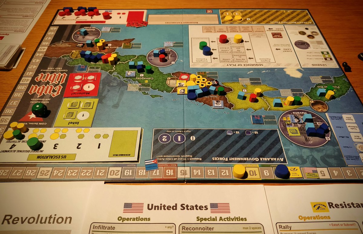 PCaproens's tweet photo. Cuban turmoil from US perspective in playtest of 'Resisting Revolution' by @joe_dewhurst @gmtgames @Volko26. On our way now to the 2nd Propaganda Round with @Hans_Goossens85 and @Scr3p. Fantastic experience with this new expansion of Cuba Libre so far. https://t.co/eXgYNNAzqW