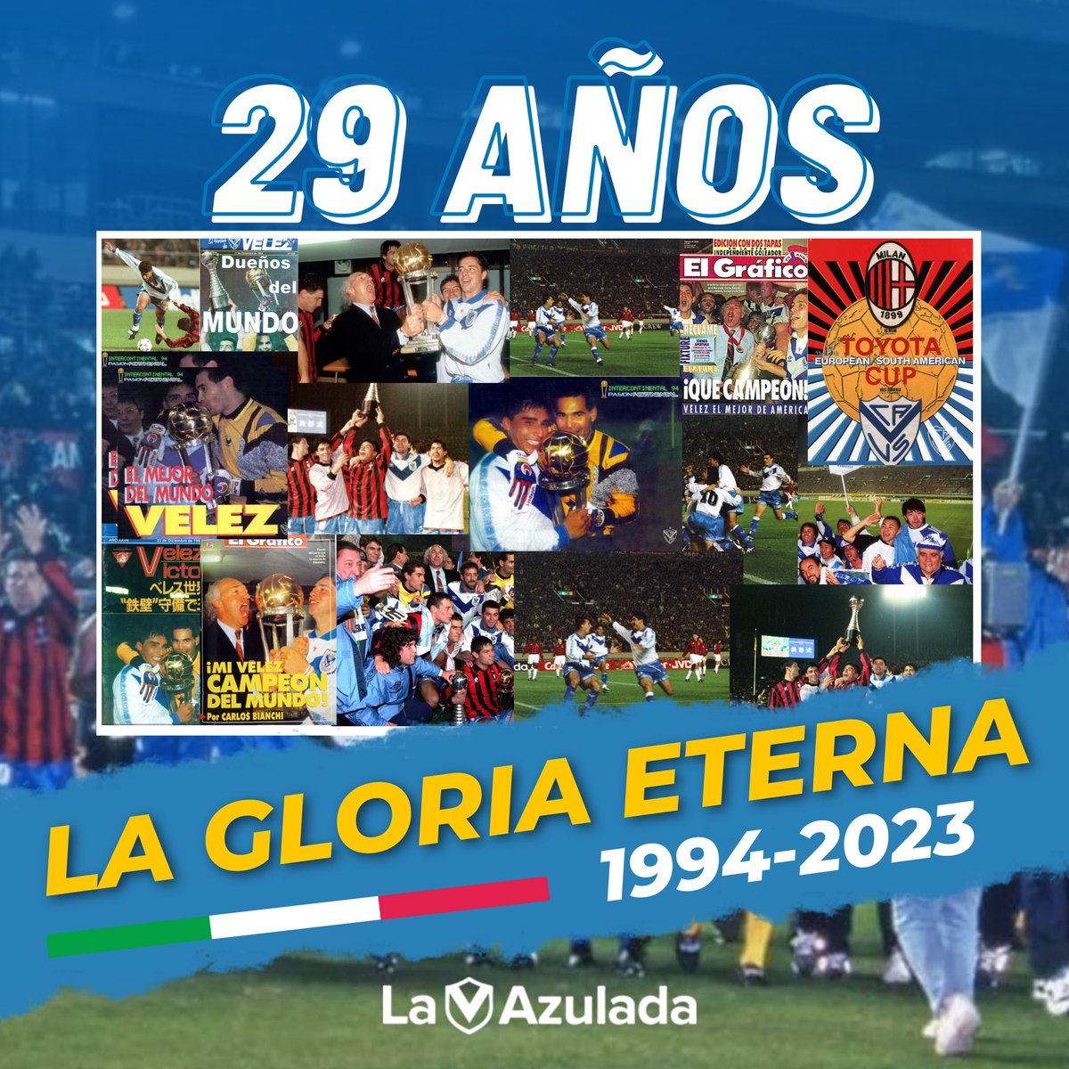#CampeonesDelMundo 

Hoy son 29 años de Gloria, 29 años de tener el mundo a nuestros pies. Nuestras gracias eternas para todos aquellos que hicieron realidad esta utopía 💙 #Velez #LaVAzulada