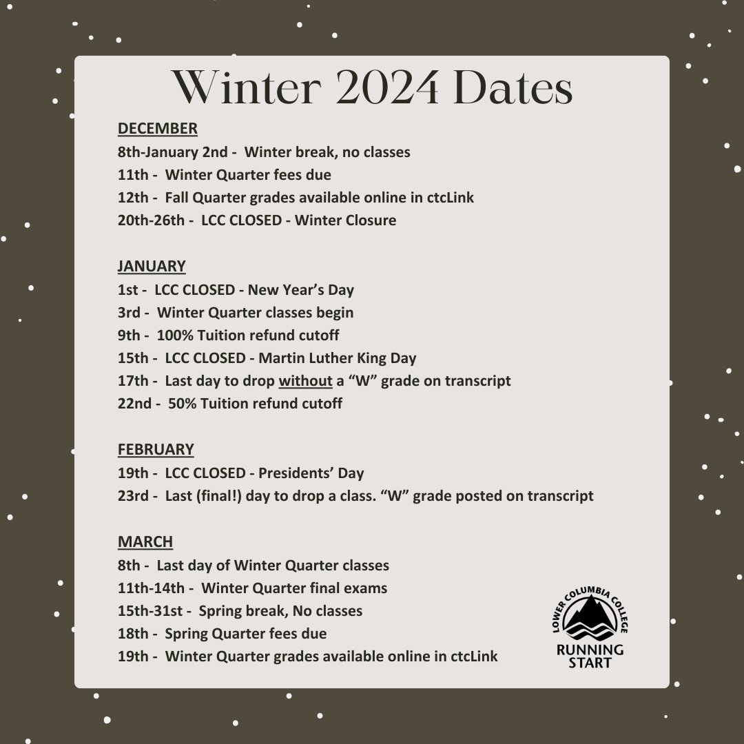 LCCRunningStart's tweet photo. Save these important Winter Quarter dates #lowercolumbiacollege #lccrunningstart https://t.co/AgqiGZSfM4