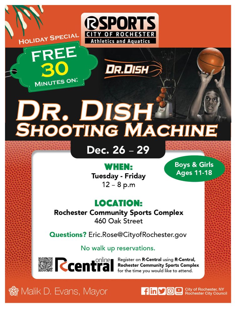 DRHS585's tweet image. Calling all 11-18 year olds! Dr. Dish Shooting Machine at the Rochester Community Sports Complex begins December, 26 2023. Participants must register on R-Central to attend. cityofrochester.gov/r-central

#DRHS #Rsports #shootingmachine #SportsComplex #share