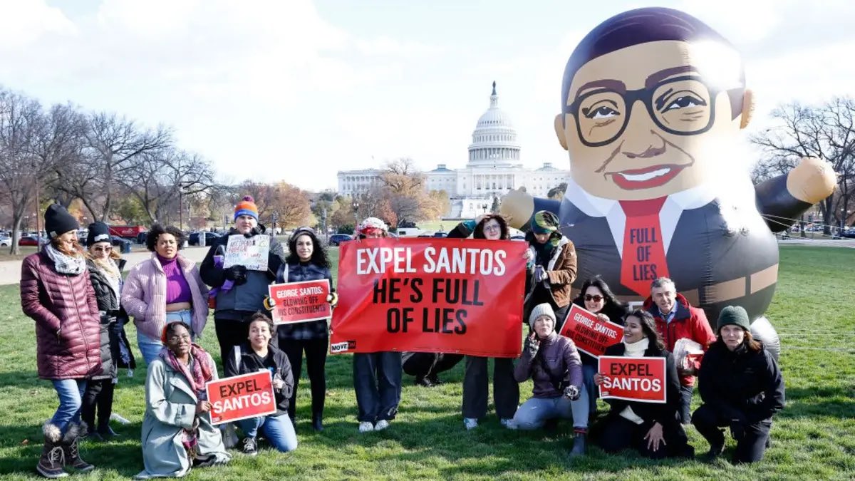 nicksortor's tweet photo. Wanna know who paid for this 15-foot tall George Santos balloon on the Capitol lawn calling for his expulsion? And the “protestors” that came with it?

GEORGE SOROS. I kid you not.

That should tell you everything you need to know.

ANY involvement that George Soros has in our country’s governance is terrifying, and he continues funding this BS through his “MoveOn” organization.

I’m so sick of these people that are intentionally destroying our once great nation.